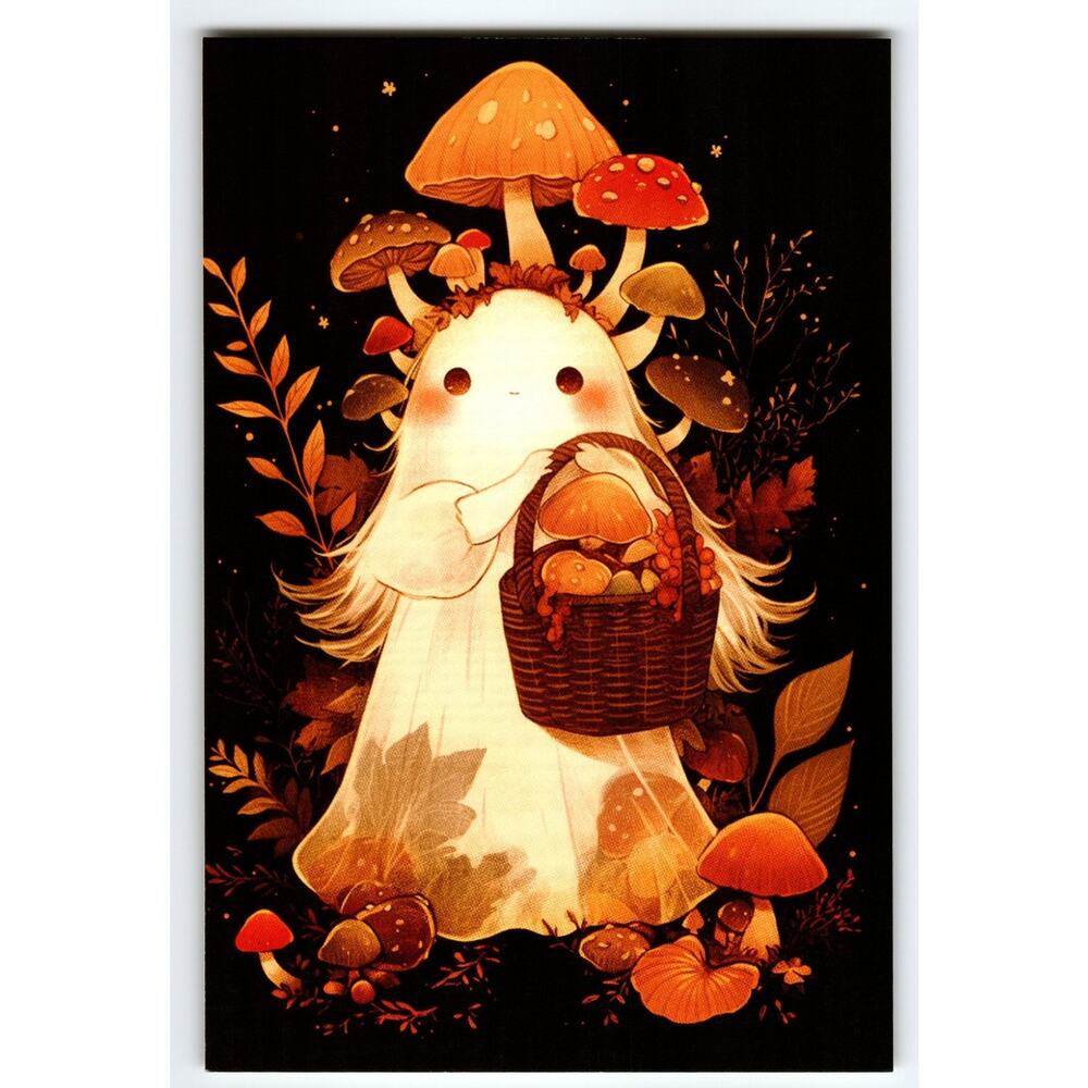 Charming Halloween Ghost with Mushrooms Basket Vintage Postcard